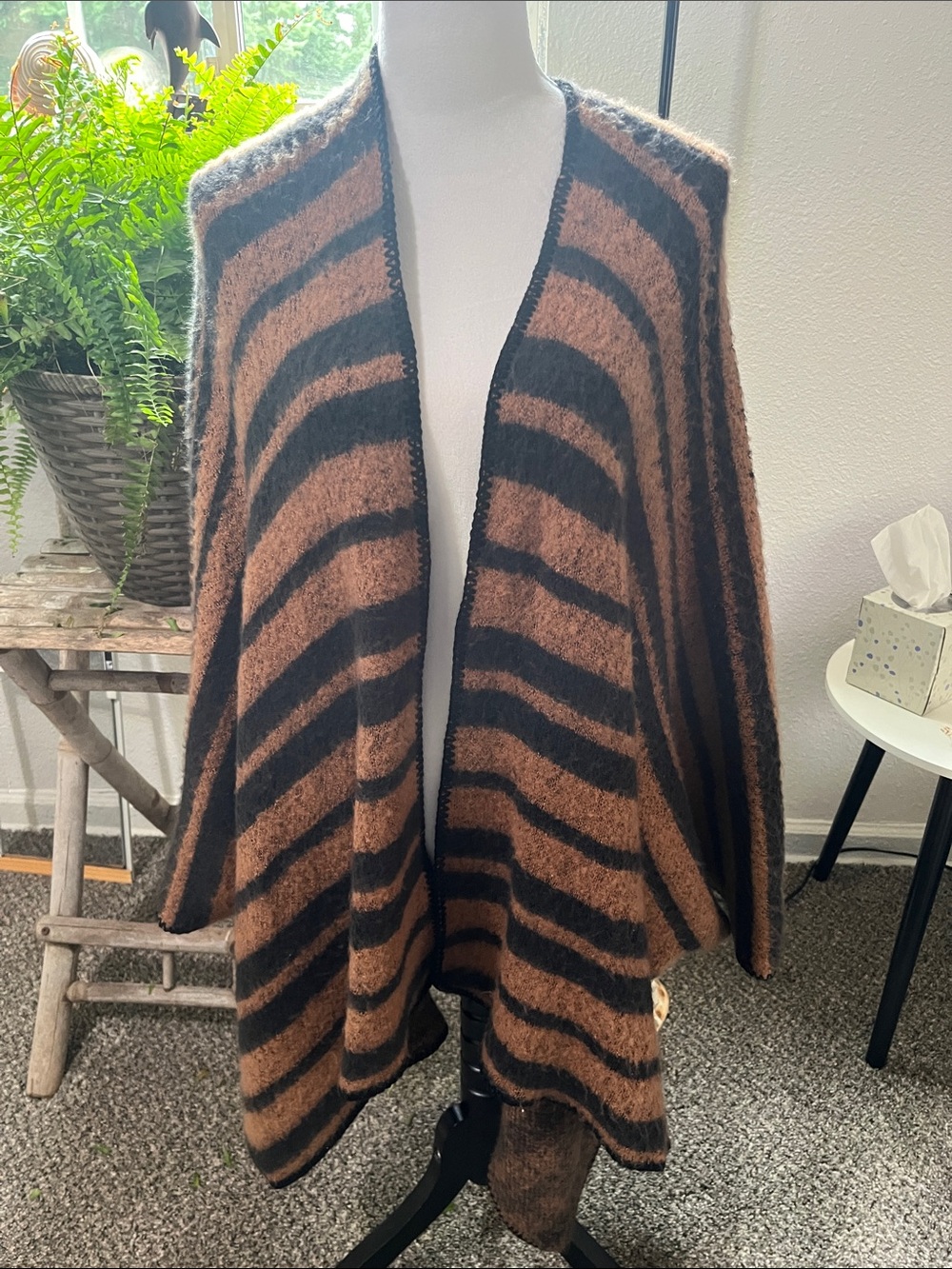 Brown and Black Striped Open-Front Women's Sweater